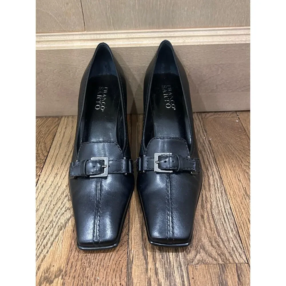 Franco Sarto Black Leather Heeled Loafers Pumps 6.5 Square Toe Preppy Y2K Office